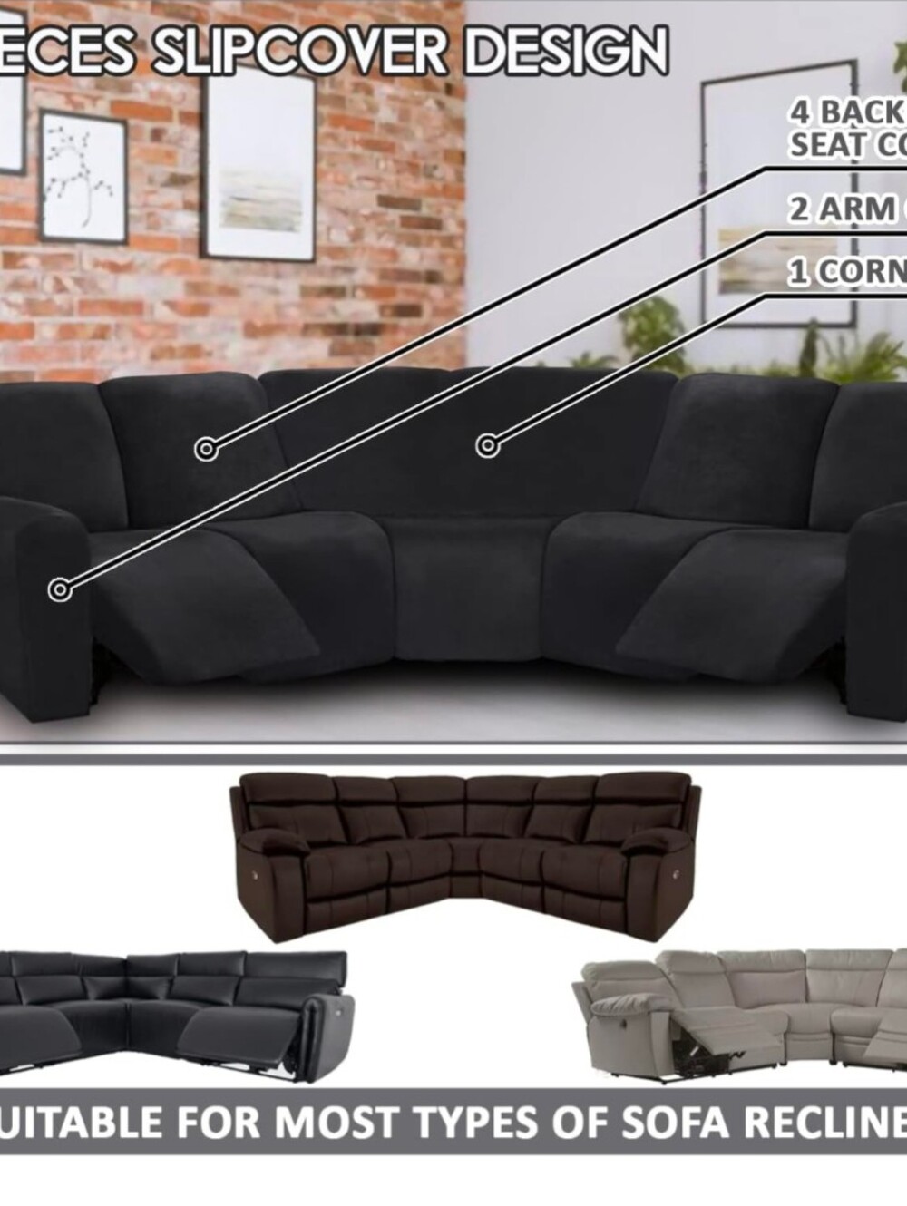 Luxury Black Reclining Sectional Sofa Cover Bring The Old Into New Again - Picture 2 of 9